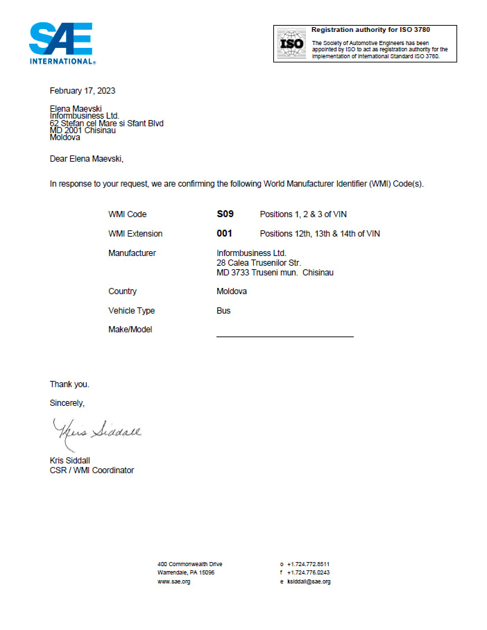 SAE International WMI Certificate